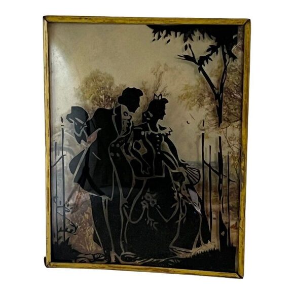 Vintage Print Background Courting Couple Silhouette Picture Convex Glass READ - Picture 1 of 6